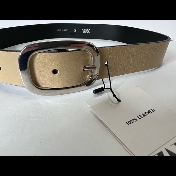 Zara Brown Taupe Beige Leather Belt Size 32 Womens Belt 100% Leather Cream New - Picture 13 of 14